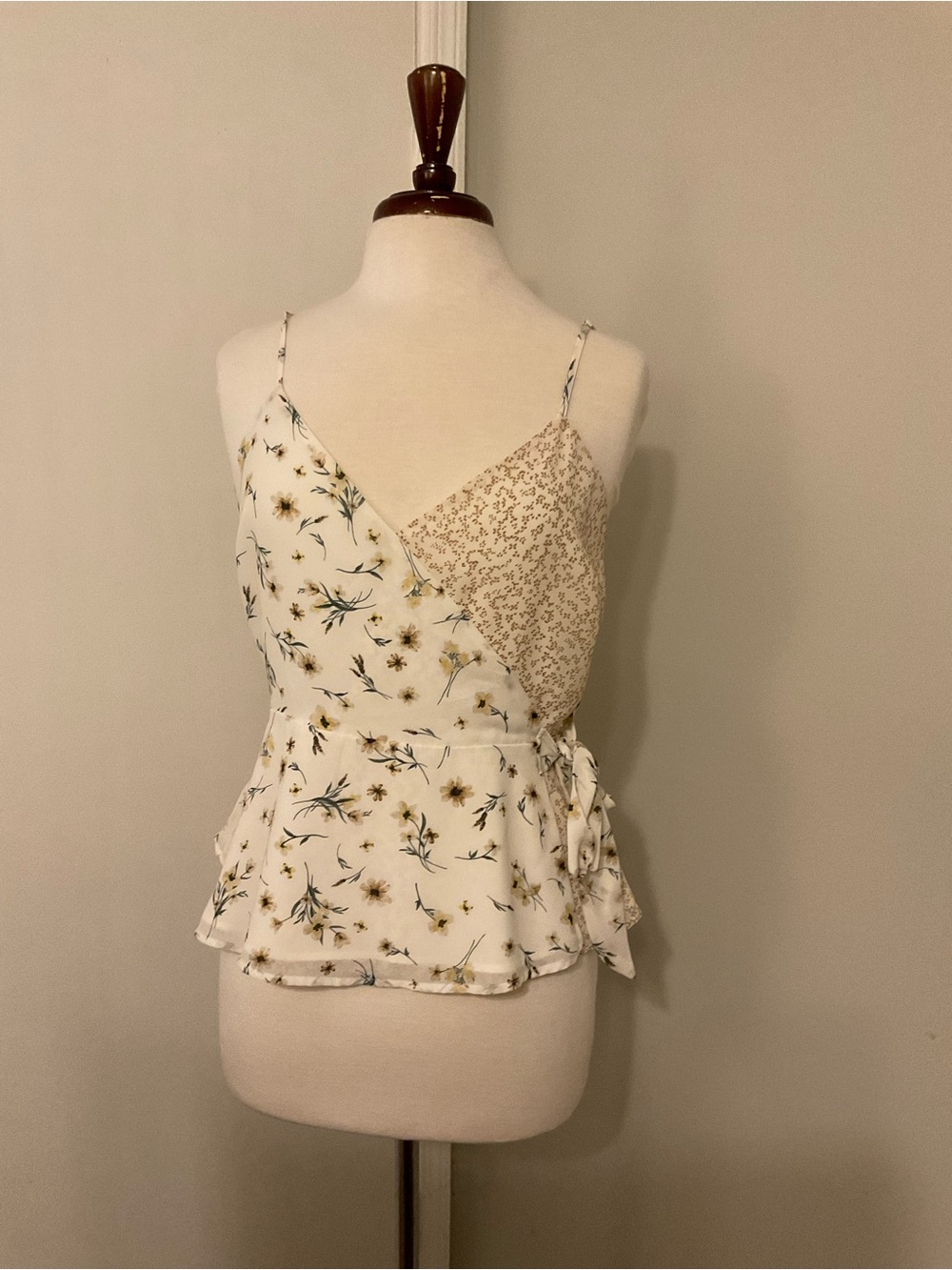 Paper Crane White Floral Wrap Peplum Cami with Beige Accent